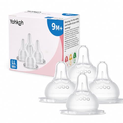 YOHKOH Baby Bottle Nipples for Wide Neck Bottles, 100% Natural Feel Silicone Nipples, BPA-Free (9m+, LL, 4 Counts)