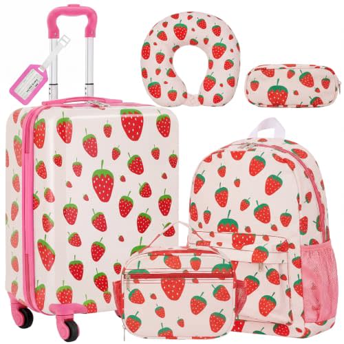Redbaker 6 Pcs Kids Luggage Set, 17 Inch, Pink Strawberry | Rolling Suitcase with Backpack Lunch Bag Neck Pillow, Travel Set for Summer Vacation, Sleepover, Back to School Gift