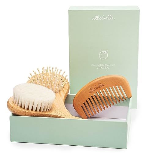 Ullabelle 3 Piece Wooden Baby Hair Brush and Comb Set for Newborns & Toddlers in Chic Gift Box - Ultra Soft Natural Goat Hair and Wood Baby Brush Set Prevents Cradle Cap - Perfect Registry Gift (Sage)