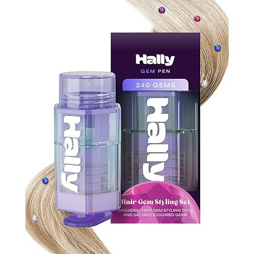 Hally Hair Gems Pen Applicator - Includes Hair Styling Tool with 240 Multicolored Adhesive Gem Stickers Hair Jewels - Stylish Hair Accessories for School, Halloween, Festivals, Wedding, Parties & More