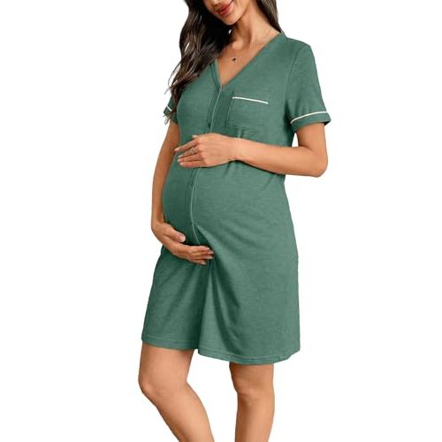 BLENCOT Women’s Labor and Delivery Night Gown for Maternity Short Sleeve V Neck Open Front Shirt Dress with Buttons