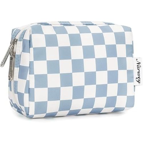 Narwey Small Checkered Makeup Bag for Purse Mini Cosmetic Bag Travel Makeup Pouch Zipper Pouch Cute Make up Bags with Compartments for Women Girls(Small,Sky Blue Checkerboard)