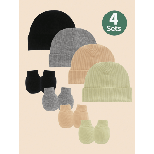 4pcs/Set Solid Color Baby Hat + Anti-Scratch Mittens Set, Suitable For Daily Wear | SHEIN USA