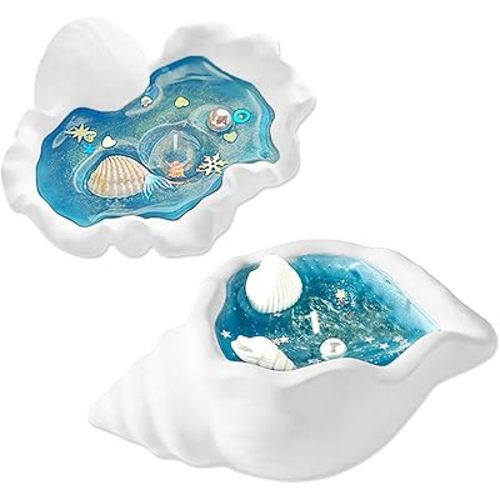 Shell Candles, 2-Pack Scented (Bluebell & Frangipani), Ocean-Inspired Soy Candles in Reusable Seashell Holders, Blue & White Coastal Bathroom Decor & Beach House Gifts