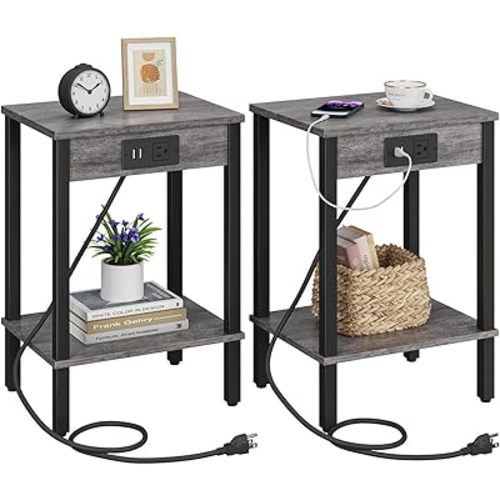 Set of 2 End Table with Charging Station, Narrow Side Table with USB Ports and Outlets, Nightstands with 2-Tier Storage Shelves, Sofa Table for Small Space Living Room Bedroom, Grey