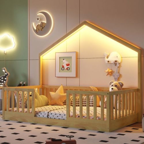 Twin Size Montessori Bed Floor Bed Platform Bed Frame Toddler Bed Kid House Bed with Light & High Rails, Natural - ModernLuxe