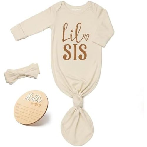 Little Baby Sister Newborn Girl Outfit, Cute Knotted Gown 0-3 Month Soft Infant Going Home Sleepers