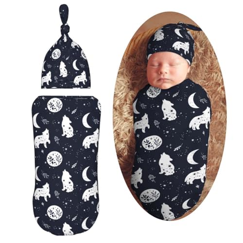 Muishi Boho Wolf Newborn Swaddle Blankets Hat Sets Soft Baby Receiving Blanket Swaddle Sack for Baby Shower Infant Boy Girl Gift