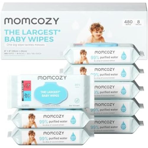Momcozy Lingettes pour bébé - Design extra large, 99 % à base d'eau, non parfumées et hypoallergéniques, lingettes nettoyantes et hydratantes pour bébé pour peaux sensibles, 8 paquets à rabat (480