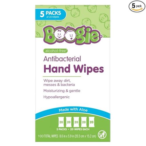 Boogie Antibacterial Hand Wipes - 100 Count - Hypoallergenic & Alcohol-Free - Travel and Diaper Bag Essential