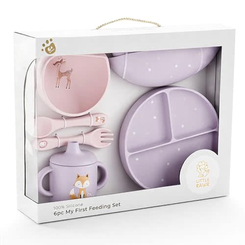Little Rawr Baby Led Weaning Bundle, 100% Silicone Baby Feeding Set Includes Divided Plate, Suction Bowl, Straw Cup, Bib, Spoon & Fork, Develops Self Feeding Skills, Dishwasher Safe (Purple)