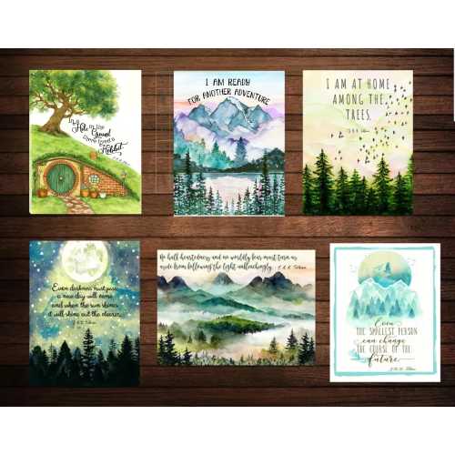 Lord of the Rings Watercolor Art Prints, J.R.R. Tolkien Quotes, Set of 16