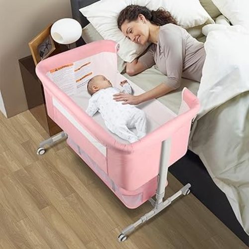 4-in-1 Bedside Bassinet for Baby, Convertible Crib with Mosquito Net & Diaper Changing Station, Portable Sleeper w/Mattress & Travel Bag (Pink)
