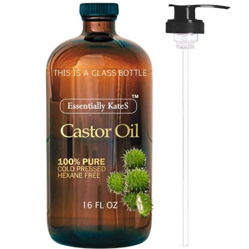 Essentially KateS Castor Oil 16 Fl Oz (Glass Bottle) - Original Unrefined - A Huge Glass Bottle with a Pump - 100% Pure and Natural, Cold Pressed, and Hexane-Free - Hair and Body