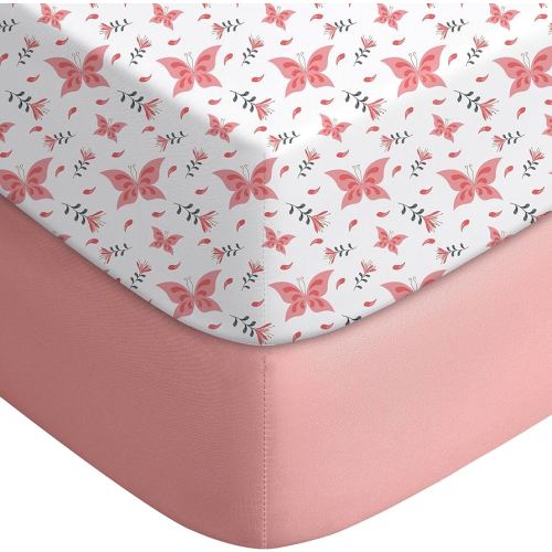 Yoofoss Baby Crib Sheets for Boys Girls, Fitted Crib Sheet 2 Pack for Standard Crib and Toddler Mattress, Super Soft Microfiber Baby Sheet 28x52x8in Pink + Butterflies