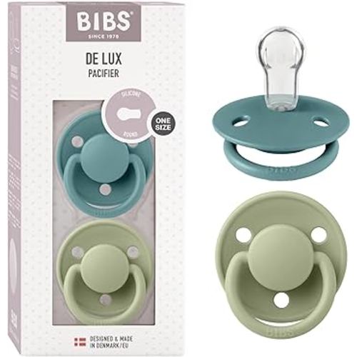 BIBS De Lux Baby Pacifier 2-Pack | Made in Denmark | BPA Free Dummy Soother, Round Nipple. Silicone, OneSize (0-36 Months), Island Sea/Sage