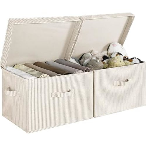 StorageWorks Fabric Storage Bins with Lid, Decorative Storage Boxes for Shelves, Stackable Closet Organizer Basket with Handles, Jumbo, Khaki and Beige Stripes, 2-Pack