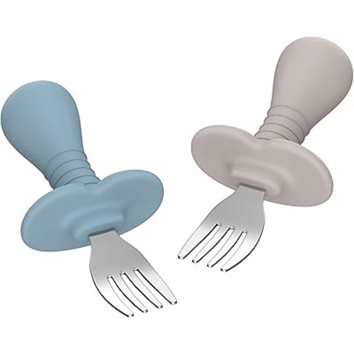 2 Pcs Baby Forks Toddler Forks for Self Feeding, Kids Forks with Silicone Round Handle, Stainless Steel Toddler Utensils Children Safe Silverware Set, Anti-Choke Design, BPA Free