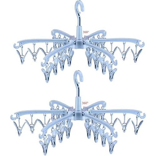 2 PCS Foldable Drying Rack with 24 Clips for Drying Socks Lingerie Baby Clothes Drying Towels Rotatable Sock Drying Rack (Blue)