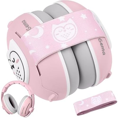 Lilian&Gema 2-in-1 Baby Ear Muffs Noise Protection up to 48 Months - Cute Owl Ear Protection for Infant & Toddler - Baby Airplane/Travel Essentials - Adjustable Noise Reduction Earmuffs, Pink