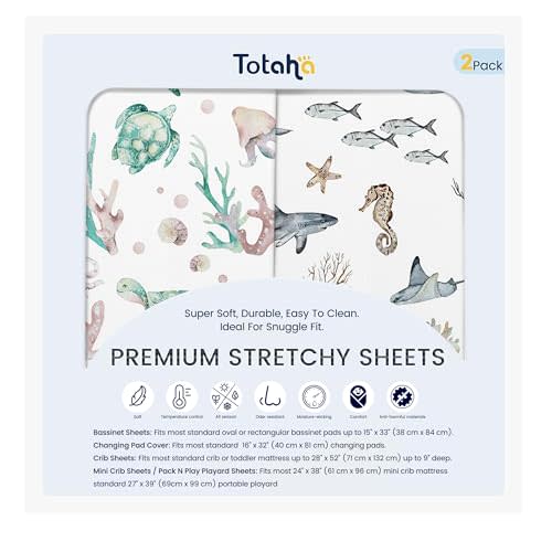 TotAha Premium Soft Bassinet Sheet for Boy Girl, Super Stretchy Jersey Knit Bassinet Fitted Sheet, Compatible with Halo, Maxi COSI, Mika Micky, SNOO, and Other Bassinet, 2 Pack (Sea Animal)