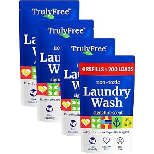 Truly Free Natural Laundry Detergent for Sensitive Skin | Eco Friendly, Plant Based, Baby Clothes Safe | Clean & Easy Powder to Liquid, 4 Pack Refill Detergent, NO Jug | Signature Scent, 200 Loads