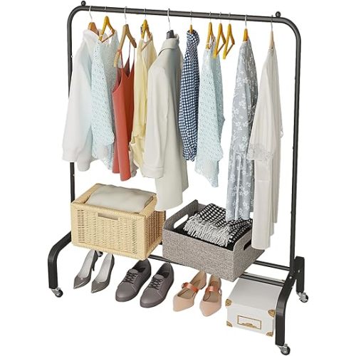 JIUYOTREE Metal Clothing Rack with Wheels, 43.3 Inches Rolling Clothes Garment Coat Rack with Bottom Shelf, Clothing Rack for Hanging Clothes, Coats, Skirts, Shirts, Sweaters, Black