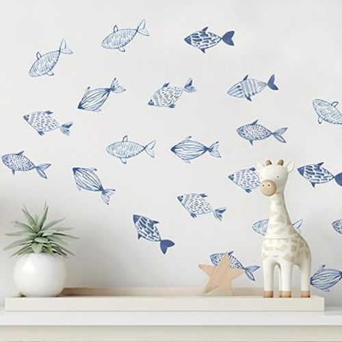30pcs Hand Drawn Watercolor Fish Underwater World Wall Decals Waterproof Peel&Stick Wall Sticker, Ocean Blue Fishes for Boy's Kids Room Nursery Classroom Bathroom Decor