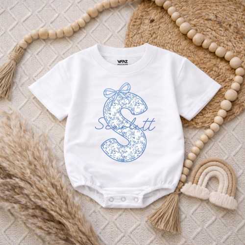 Personalized Name Bubble Romper, Chinoiserie Floral Bodysuit, Blue Bow Christmas Girl Outfit, Custom Birthday Clothes, Baby Shower Gift