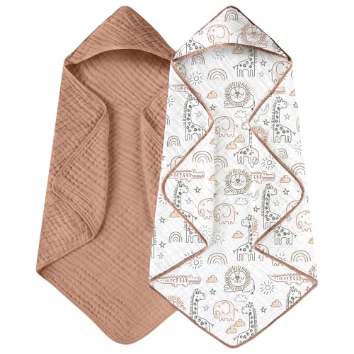 Yoofoss Hooded Baby Towels for Newborn 2 Pack 100% Muslin Organic Cotton Baby Bath Towel with Hood for Babies, Infant, Toddler and Kids, 32x32Inch, Soft and Absorbent Newborn Essential, Brown Giraffe