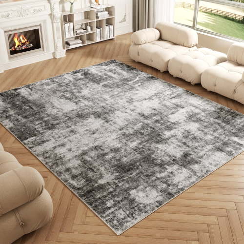 Washable Area Rug for Living Room, NovDeco 8'x10' Non-Slip Neutral Abstract Gray Indoor Rugs, Low Pile Stain Resistant Carpet for Bedroom Kitchen