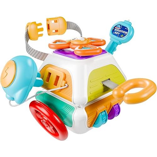 iPlay, iLearn 10 in 1 Baby Busy Board Cube, Montessori Sensory Toy Toddler 1-3, Infant Carseat Plane Travel, Kid Education Learning Activity, Birthday Gift 6 9 10 12 18 Month 1 2 Year Old Boy Girl