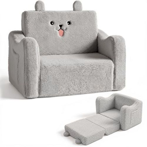 Kinder King Toddler Sofa Chair, 2-in-1 Foldable Baby Couch Flip Open Sofa Bed for Playroom, Gray