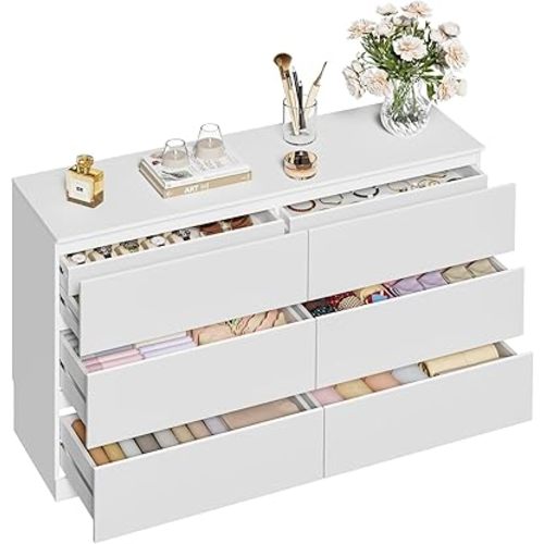 Dresser for Bedroom with 8 Drawers, 47.2" W Modern Chest of Drawers with Hidden Drawer, Wood Storage Dresser, Storage Organizer for Living Room, Closet, Hallway, White