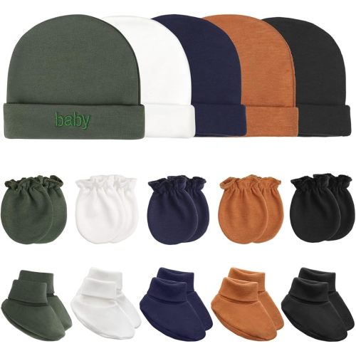 Newborn Baby Hats Mittens and Socks Set Cotton Infant Beanie Cap Socks Mittens for Newborn Baby Boy Girl 0-6 Month