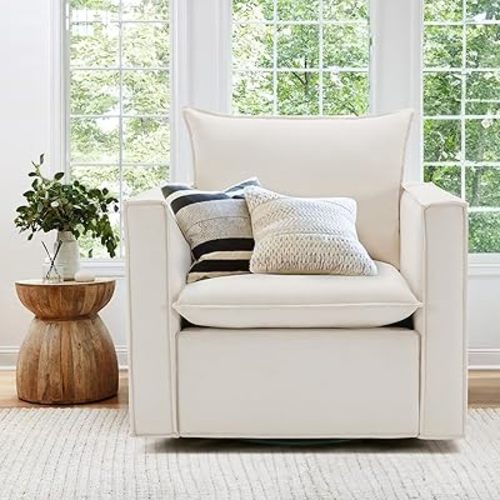 COLAMY Swivel Accent Chair, 34 Inches Wide Upholstered Arm Chair with Plump Back Pillow, Modern Sofa Living Room Chair for Bedroom, Corner, Reading Nook-Beige