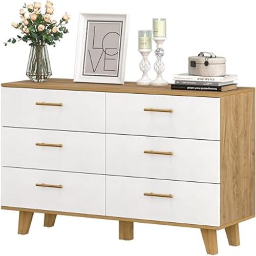 ALINE FURNITURE 6 Drawer White Dresser for Bedroom, 48" Wide Solid Pine Wood Core Dresser Chest, Wooden Double Dressers with Six Large Drawers for Living Room, Hallway, White & Light Wood