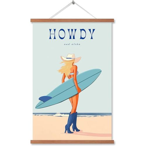 OVVGVV Framed 12"x16" Trendy Coastal Cowgirl Beach Wall Art Preppy Surf Girl Decor Western Wall Art for Living Room Bedroom Beachy Room Dorm Room (Type2 Hanger)