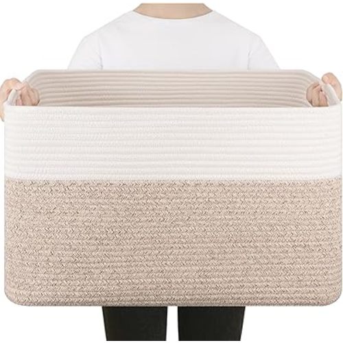 75L Large Blanket Basket, Toy Basket Bin for Kids, Cotton Rope Woven Storage Basket for Living Room, Nursery, Baby Room Decorative Organizer, 22''×17''×12'', Brown and White
