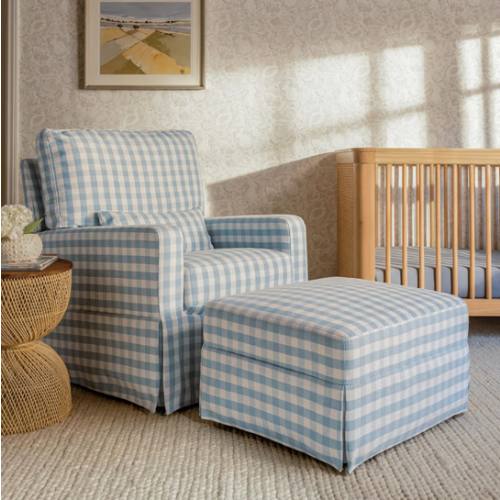 Namesake Crawford Pillowback Comfort Swivel Glider in Blue Gingham, Greenguard Gold & CertiPUR-US Certified