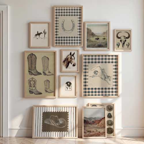 Retro Western Print Set, Boys Room Wall Art Gallery Set of 11, Vintage Stripe Western Nursery Decor, Rodeo Gingham Posters, Digital Prints