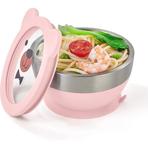 Suction Bowl and Spoon Set for Babies and Toddlers Non-Slip Silicone Suction Cups, Advanced 304 Stainless Steel Bowls, Double-Layer Insulation, and BPA-Free Lids Food-Grade Safety PINK