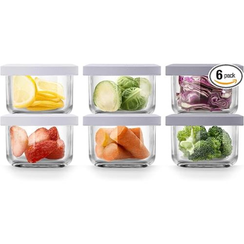 Comotomo Glass Baby Food Storage Containers, 4 oz Jars with Silicone Lids, Airtight Baby Food Prep Cups for Purees, Snacks, Daycare and Small Leftovers, Microwave and Dishwasher Safe, Set of 6