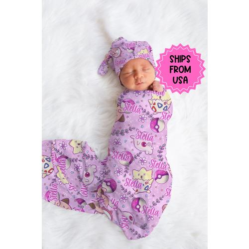 Personalized swaddle Pink Pokemon baby cosplay, hospital reveal outfit, baby shower gift, pokemon receiving blanket, gamer baby gift