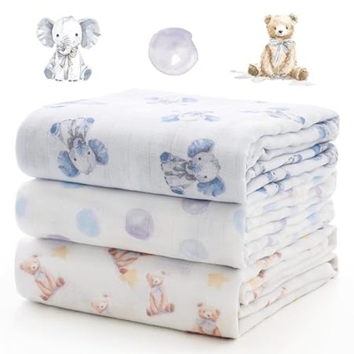 Momcozy Muslin Swaddle Blankets, Breathable and Skin-Friendly Receiving Blankets, Best Wishes Swaddle Blanket Shower Gifts & Baby Registry Essentials, Large 47"x47", Cuddle Buddies