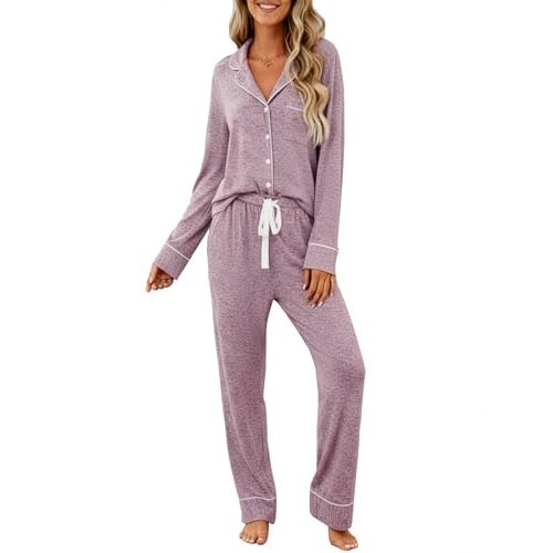 Samring Womens Pajama Sets Long Sleeve Sleepwear Button Down Soft Pjs Set | 2 Piece Lounge Set, Adjustable Drawstring, With Pockets, Classic Loungewear for Bridesmaid Bride Party, Maternity, Postpartum