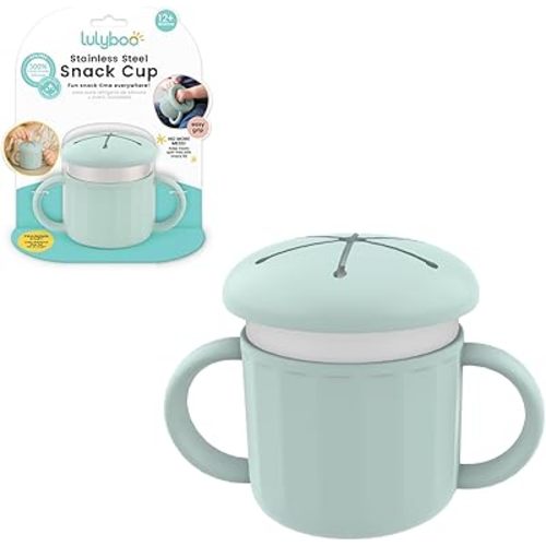 Lulyboo Stainless Steel Snack Cup with Handles Spill Resistant Toddler Snack Container for On-the-Go