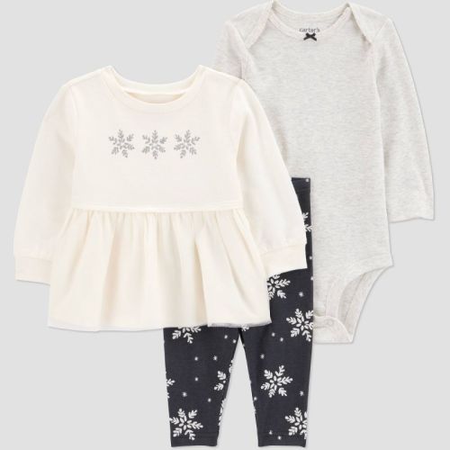 Carter's Just One You® Baby Girls' 3pc Snowflake Peplum Sweatshirt with Long Sleeve Bodysuit and Leggings Set - Cream 6M