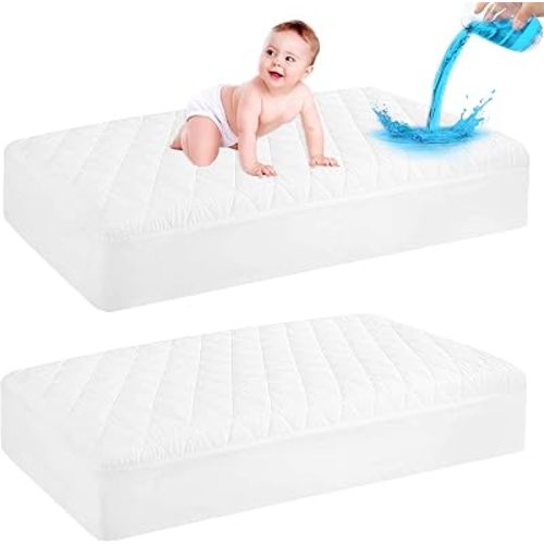 2 Pack Waterproof Crib Mattress Protector, Quilted Baby Mattress Cover Fitted Deep Pocket from 4" up to 9", Extra Soft Breathable & Noiseless Toddler Mattress Pad 52"x28", White