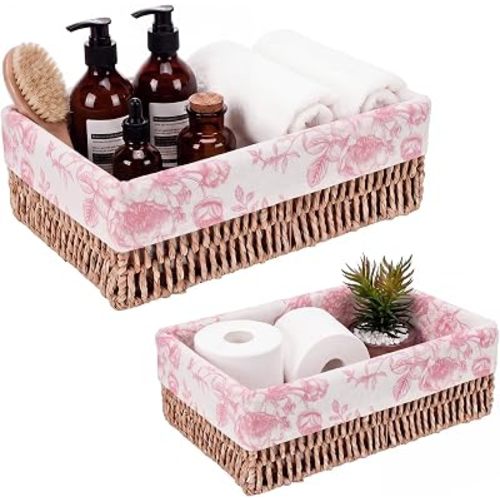 SiliFine 2 Pcs Pink Floral Toilet Paper Storage Basket Wicker Organizer